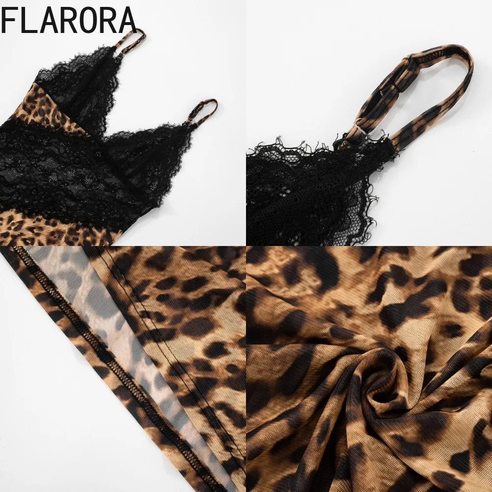 FLARORA เซ็กซี่ลูกไม้เสือดาว Patchwork ชุดนางเงือกผู้หญิงสปาเก็ตตี้สายคล้องคอลึก V Backless Bodycon ชุดราตรี Vestidos