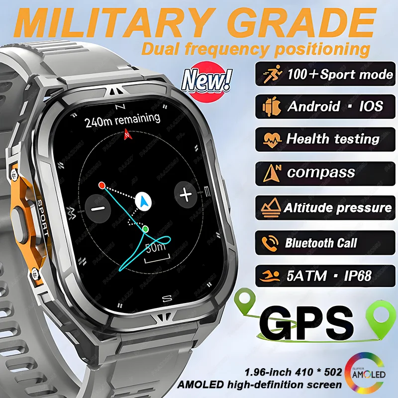 

rugged and durable outdoor smartwatch for men, dual band GPS motion trajectory ，Bluetoothcall compass 5ATM waterproof smartwatch