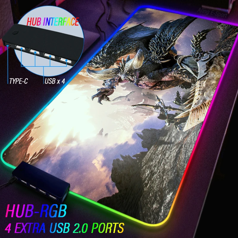 Custom RGB Luminous Mouse Pad Monster Hunter World Iceborne Gaming Table Mat USB Hub Extensions 4 Port MHWI With Dazzling Lights