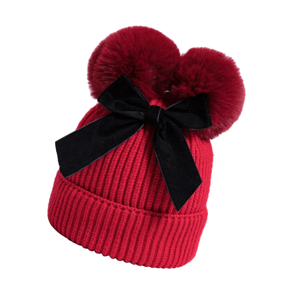 

Kids Two Knitting Hat Baby Girl Winter Bowknot Crochet Hat Photograph Prop (Red) knit hat