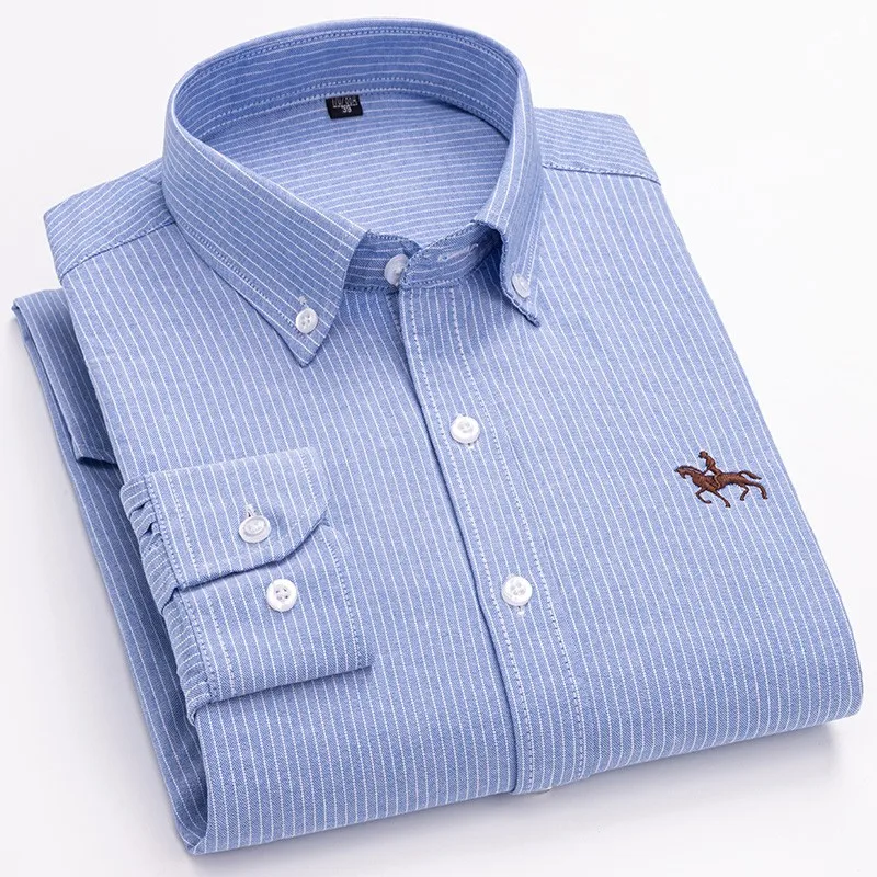 S-6XL Casual Pure Cotton Oxford Mens Shirts Long Sleeve Embroidery Horse Design Regular Fit Fashion Button Man White Dress Shirt