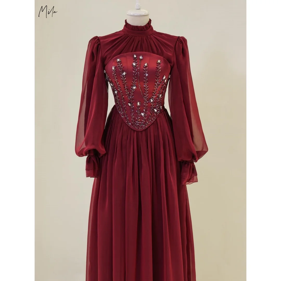 

Mila Burgundy High Neck Puff Sleeve Beaded Prom Dresses Chiffon Maxi Gown Customized Formal Evening Elegant vestidos de gala