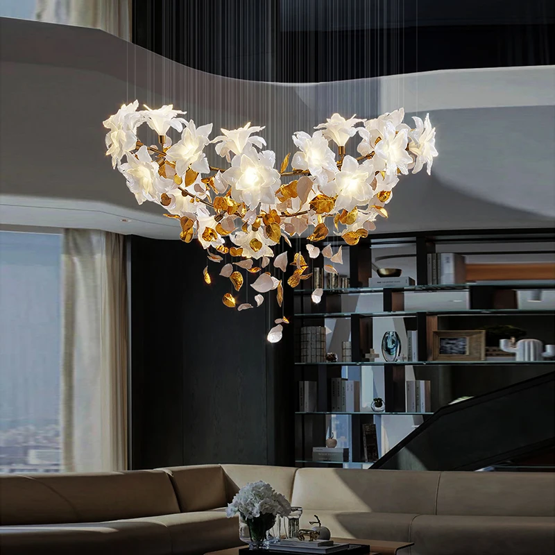 

Loft Hanging Chandelier For Stairscase Hotel Lobby Living Room Modern Luxury Glass Flower Crystal Chandeliers Pendant Lights