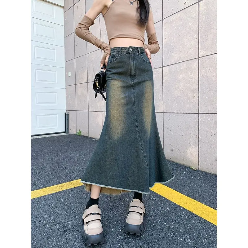 

2025 New Elegant Long Denim Skirt Ladies Arrival Retro Casual Cotton Blue Street Ladies Skirts Fashion Loose Washed A-Line Skirt