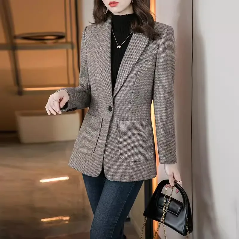 Temperament Waist Short Suit Jacket Female Spring Autumn New Fashion Suit Collar Long-Sleeve Pockets Straight Blazer Women W416