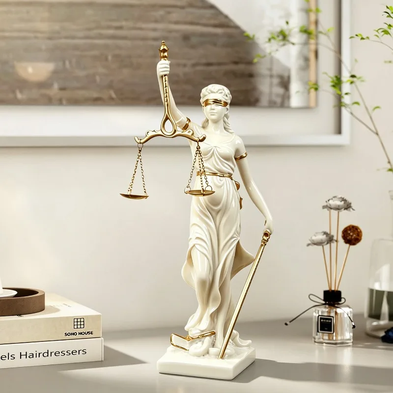Lady Justice Themis Statue White Gold Resin Figurine Blindfold Justice Goddess Sculpture Desk Ornament Lawyer Office Home Decor