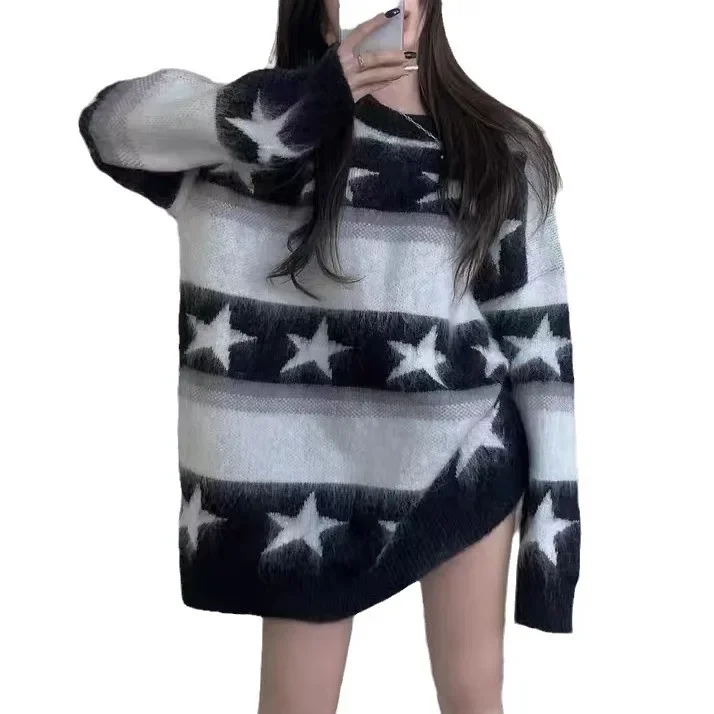 Contrast color star round neck sweater for women 2024 autumn and winter pullover sweater loose casual long-sleeved top