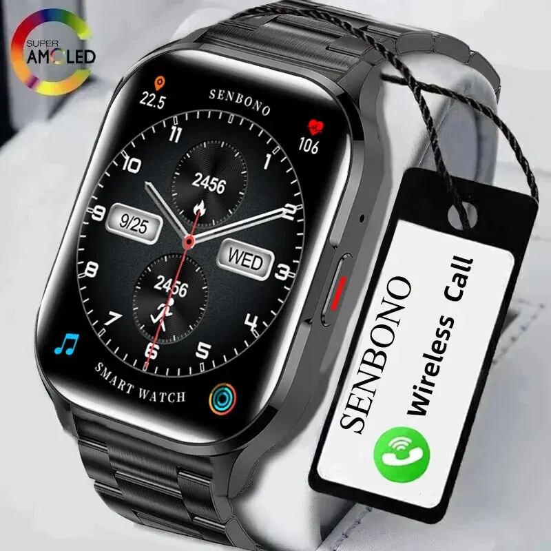 SENBONO AIR3 2024 New AMOLED Men Smart Watch Bluetooth Call 24H Health Tracker NFC Sport Smartwatch Men Women for IOS Android