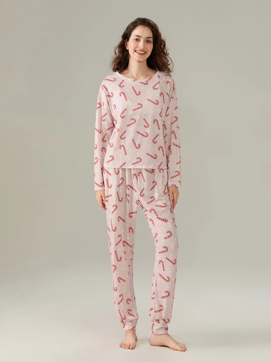 Women Christmas Pajamas Set Candy Cane Elk Print Long Sleeves Shirt and Elastic Pants for Loungewear Soft Sleepwear