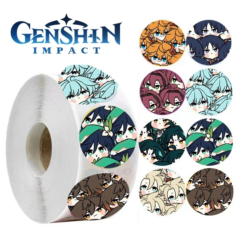 500PCS/Roll Genshin Impact Game Sealing Decal Waterproof Xiao Keqing Shotgun Kaedehara Kazuha Envelope Kawaii Stationery Sticker