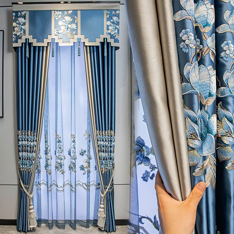 

New Chinese Style Curtain Imitation Silk Embroidery High-end Chinese Style Satin Luxury Living Room Bedroom Bay Window Screen