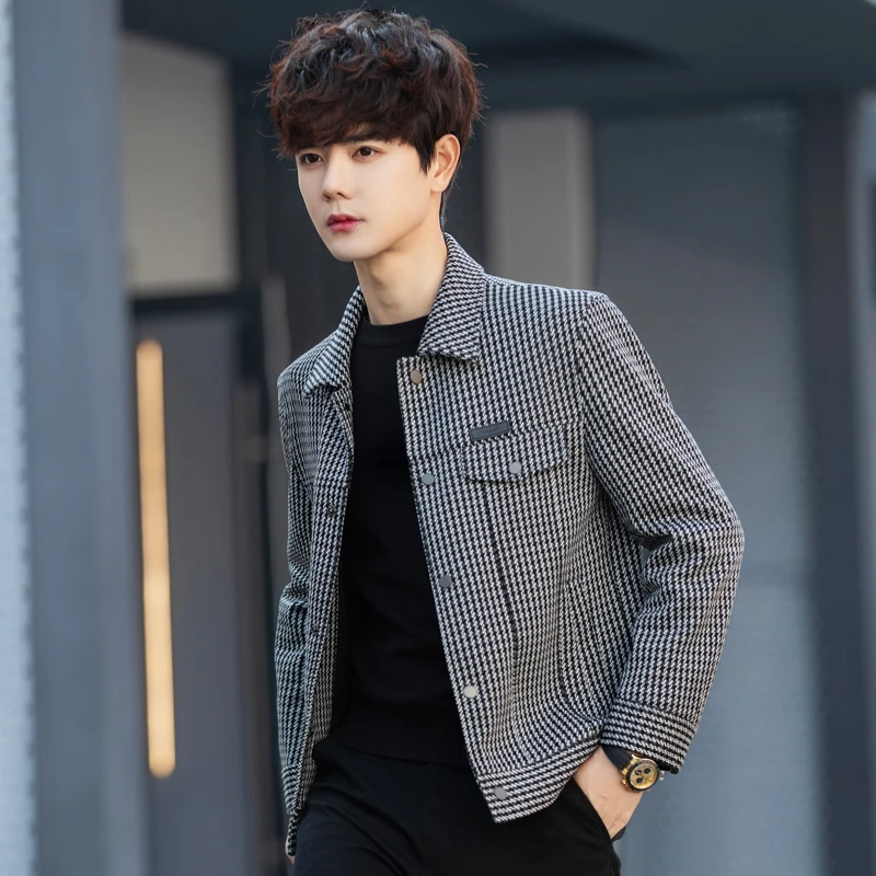 

Новая мужская шерстяная куртка в клетку 2025 года: весенне-осенняя, повседневная, премиум-класса, молодежная, модная, из полиэстеровой смеси, с длинными рукавами