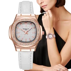 Lujo Señoras Digital Diamante Tachonado Reloj de Cuarzo Moda 2023 Nueva correa de cuero blanco Relojes de vestir de las mujeres