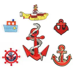 Cartoon undersea boat Embroidered submarine Patches Iron On for Clothing steering wheel ship's anchor Appliques Badges Parches