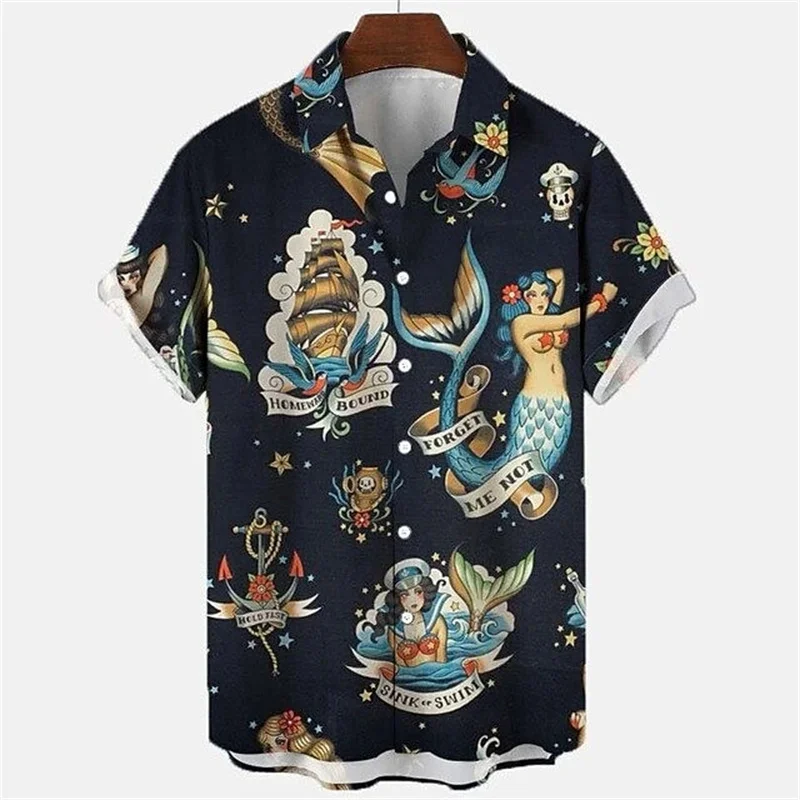 

3D Printed Marine Life Hawaiian Shirt Men Cartoon Ship Pattern Blouse Summer Oversized Breathable Trendy Lapel Tops Aloha Shirts