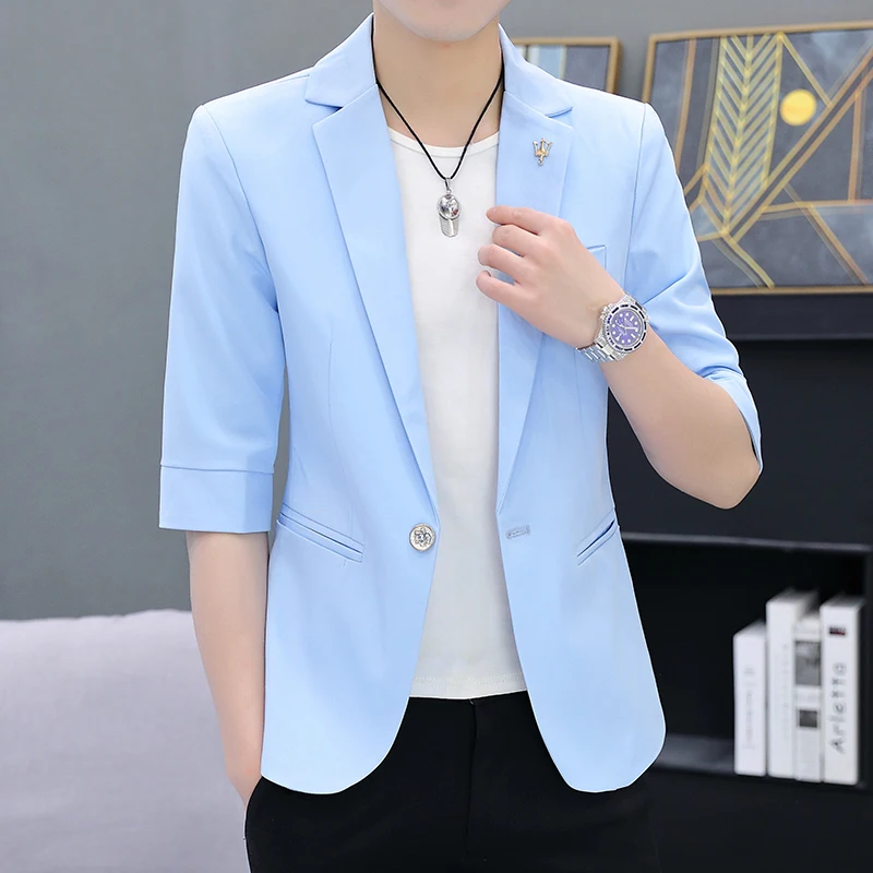 

Модный летний тонкий мужской костюм-двойка в корейском стиле с рукавом до локтя, молодежный, трендовый