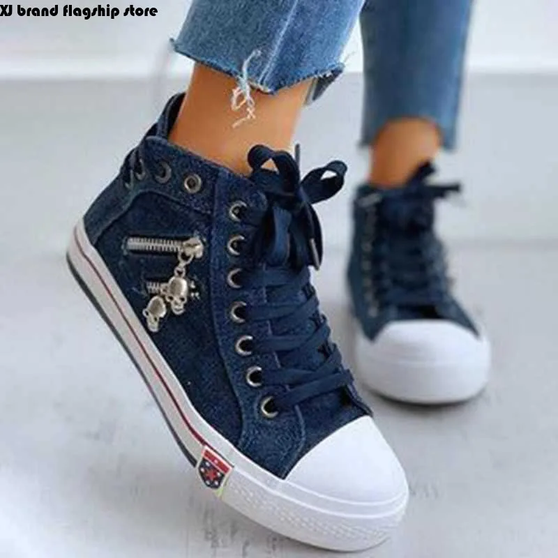 

XJ Trendy spring and autumn denim fabric high top canvas women's casual shoes cloth shoes flat bottomed board shoes single shoes