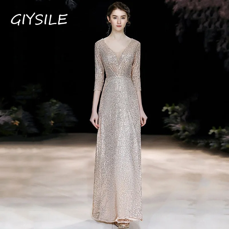 

GIYSILE банкетное вечернее платье, новинка 2025 года, элегантное платье с золотыми темпераментными блестками, юбка, женские текстурные вечерние платья с v-образным вырезом