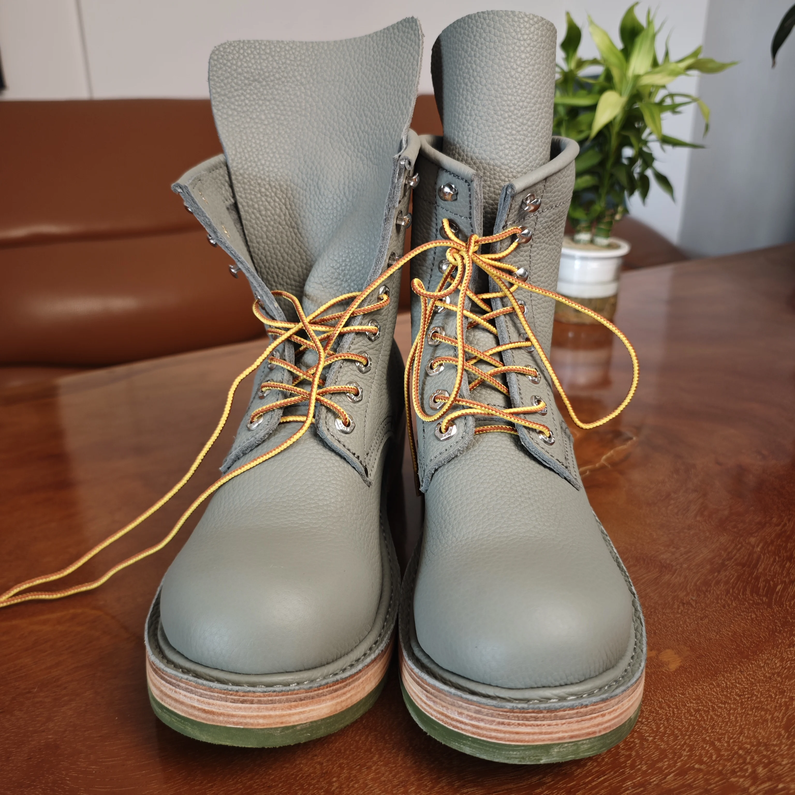 AP803 Men's Vintage Suede Leather Work Boots Fold Over Top Goodyear Welted Thick Sole Casual Retro Lace Up Ankle Boots