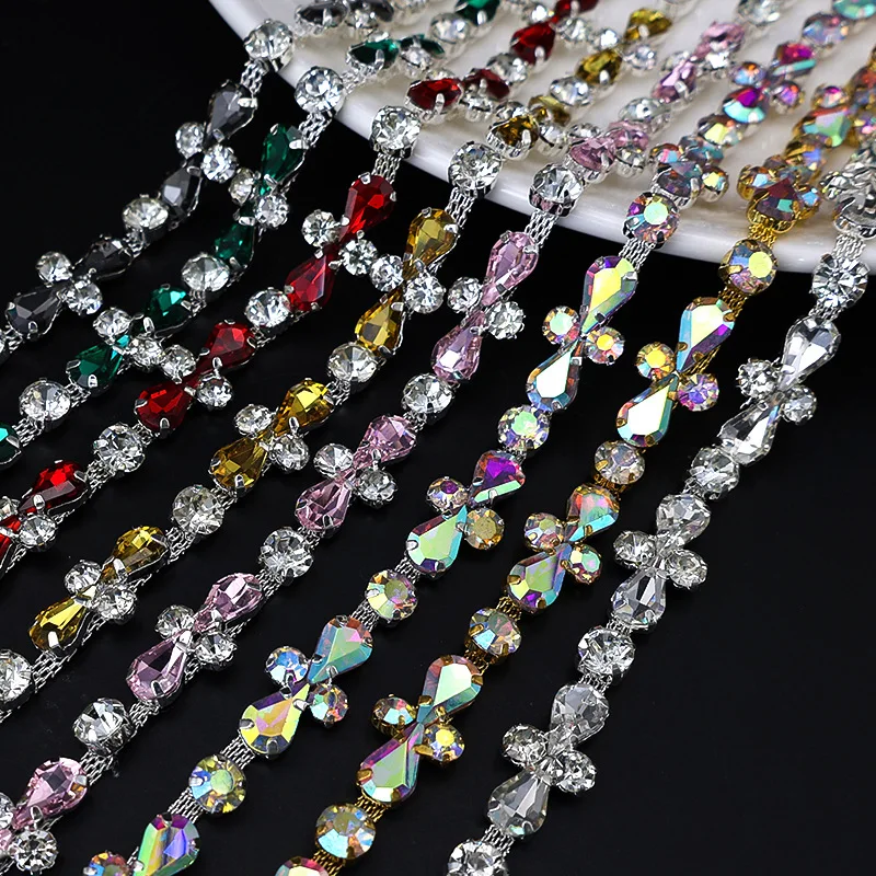 Multicolored Cross Drop Crystal Trim Glitter AB Rhinestone Cross Chain Versatile Design DIY Hat Shirt Strap Strapless Decoration