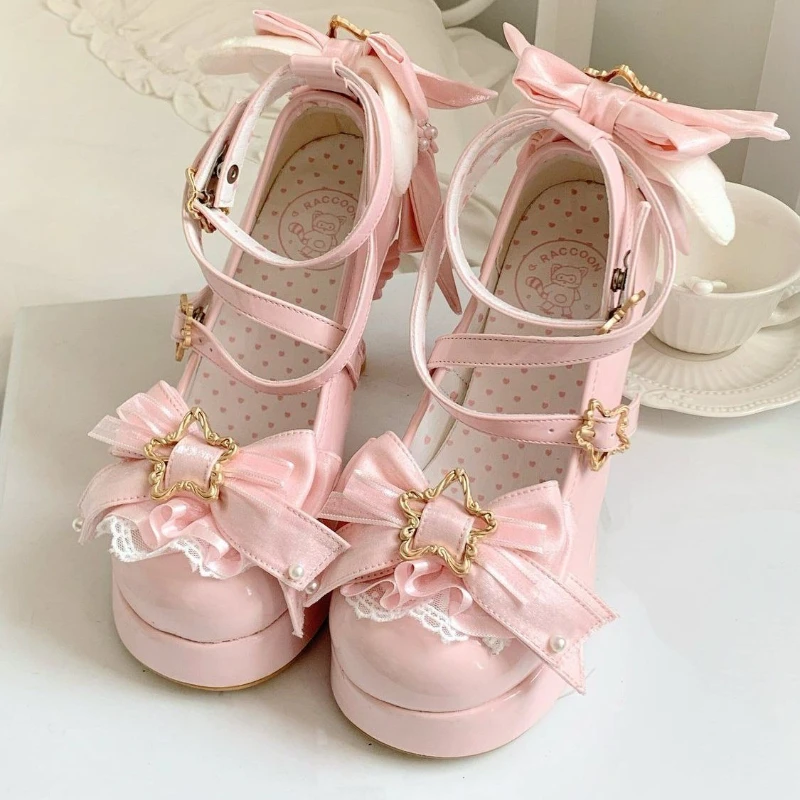 Japanese Sweet Lolita High Heels Shoes Women Cute Lace Bow Patent Leather Mary Jane Shoes Harajuku Wedding Tea Party Bride Shoes