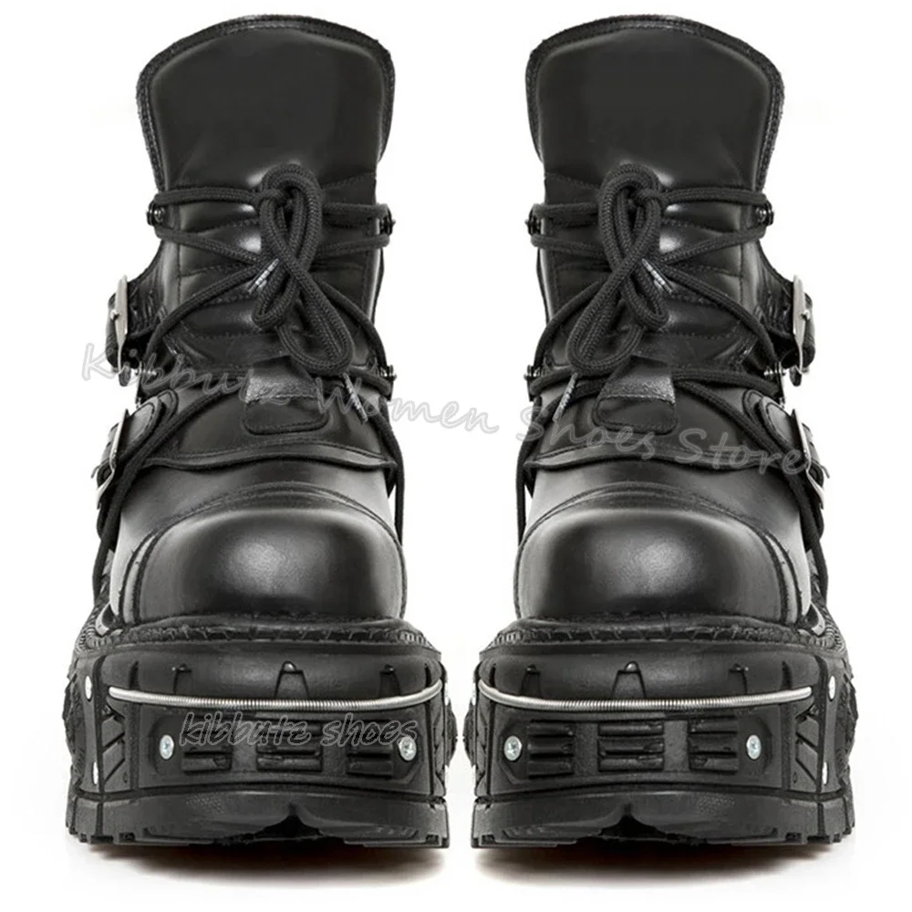 Dark Style Ankle Boot Platform Metal Decor Punk Rock Lace-Up Fashion Elegant Concise Round Toe Height Increasing Women Shoes New