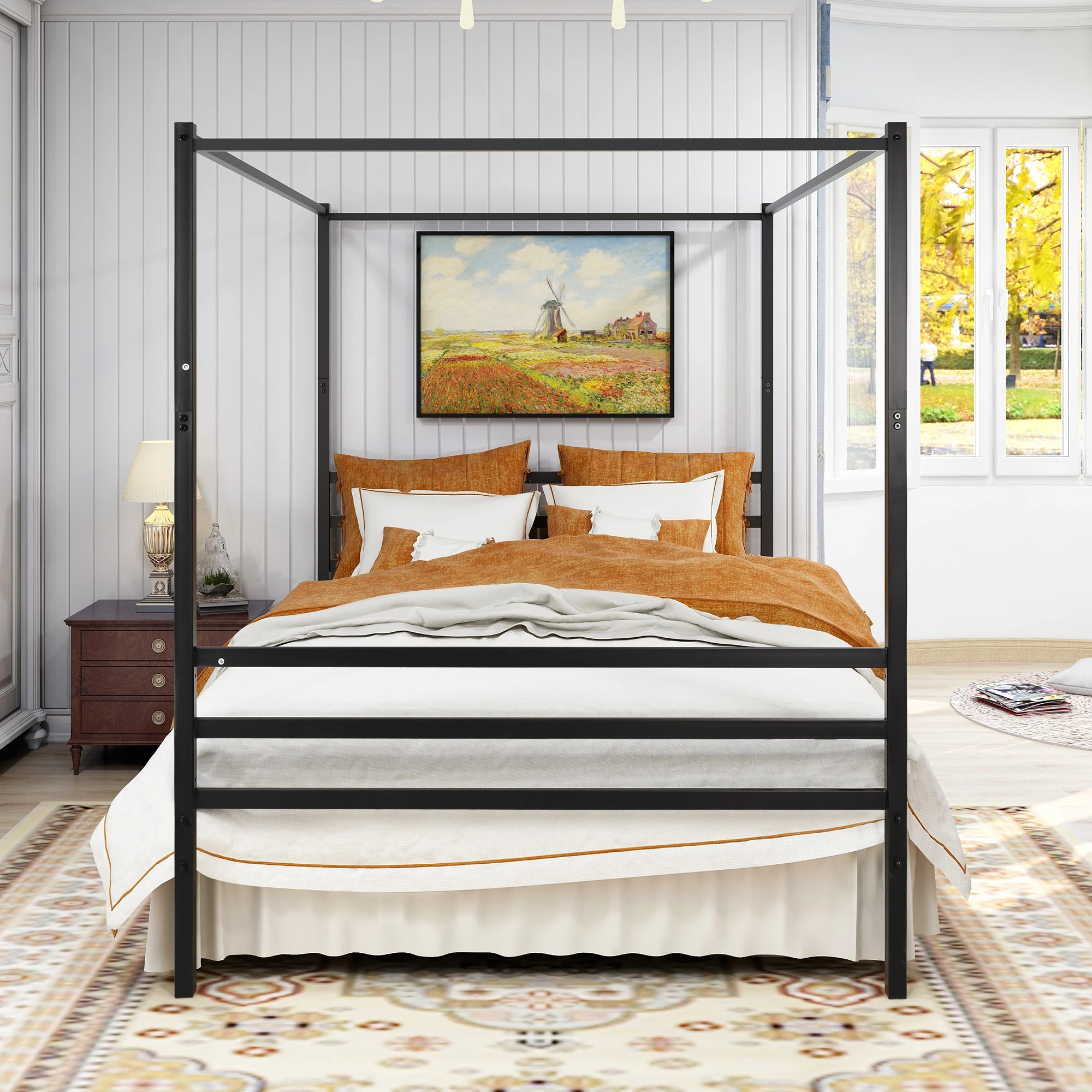 Queen Size Canopy Metal Bed with Headboard Mattress Foundationt Platform Bed Frame Metal Slat Black[US-W]