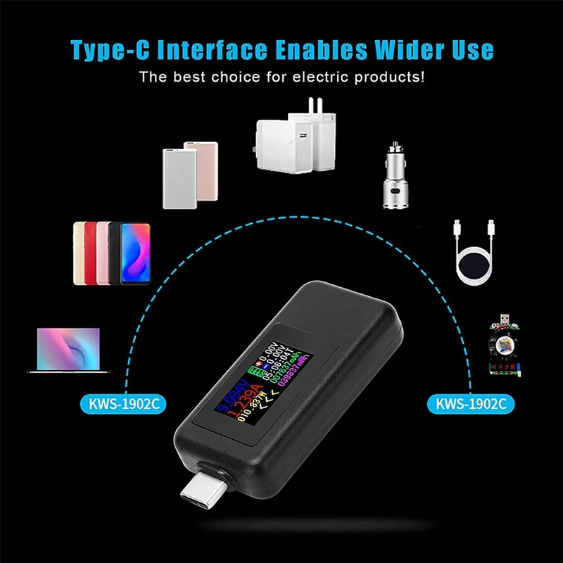 Type-C USB Tester Current 4-30V USB-C Voltage Current Tester Timing Ammeter 10 In 1 USB-C Charging Color Screen