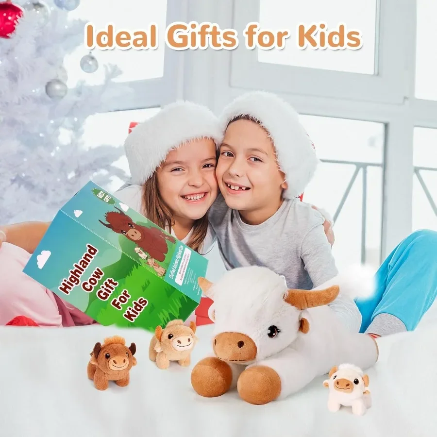 4 Pieces Highland Cow Stuffed Animals - White Plush Cows with 3 Babies - Cute Cows Plush Toys for Girls Age 3-8 - Ideal Christm