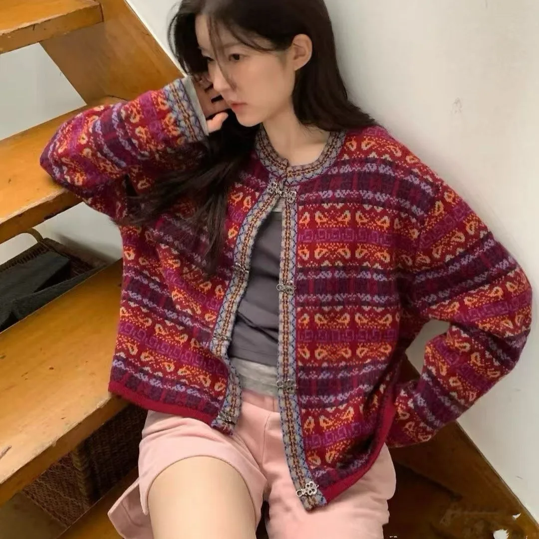 

Women Sweaters Autumn Winter Vintage Print Ruched O-Neck Collar Single-Breasted Loose Female Tide Knit Coats Wild