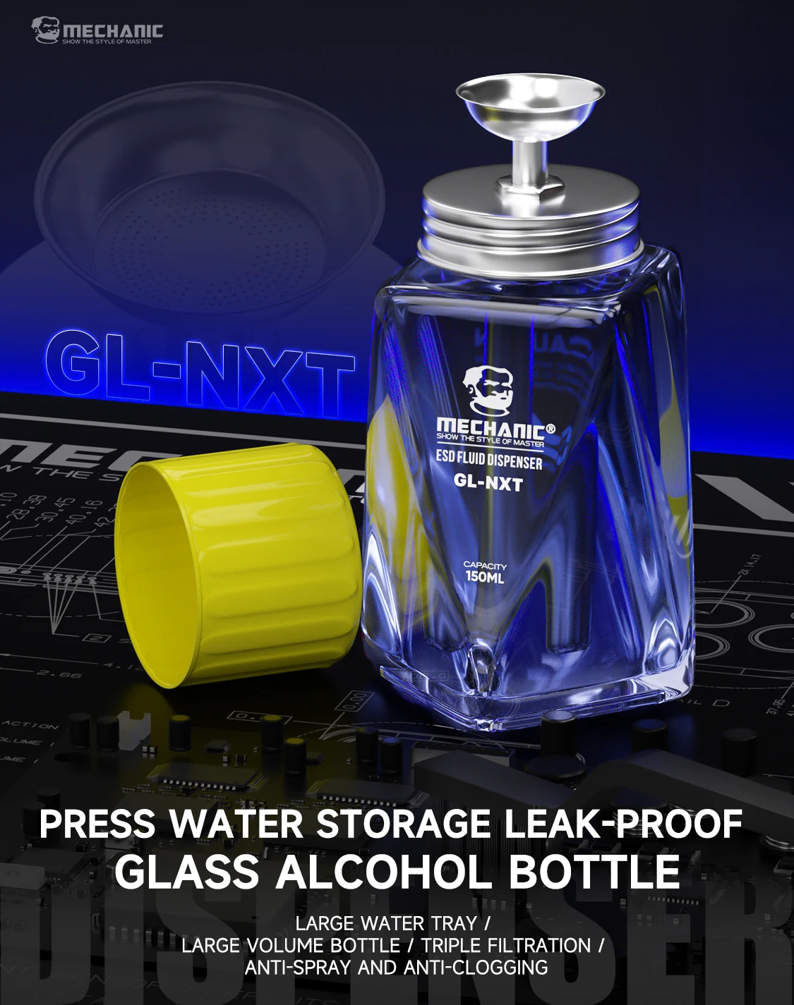 ميكانيكي GLNXT150ml الصحافة مضخة مانعة للتسرب الزجاج الكحول رذاذ زجاجة سعة كبيرة مضخة من الفولاذ المقاوم للصدأ نظام الترشيح الثلاثي