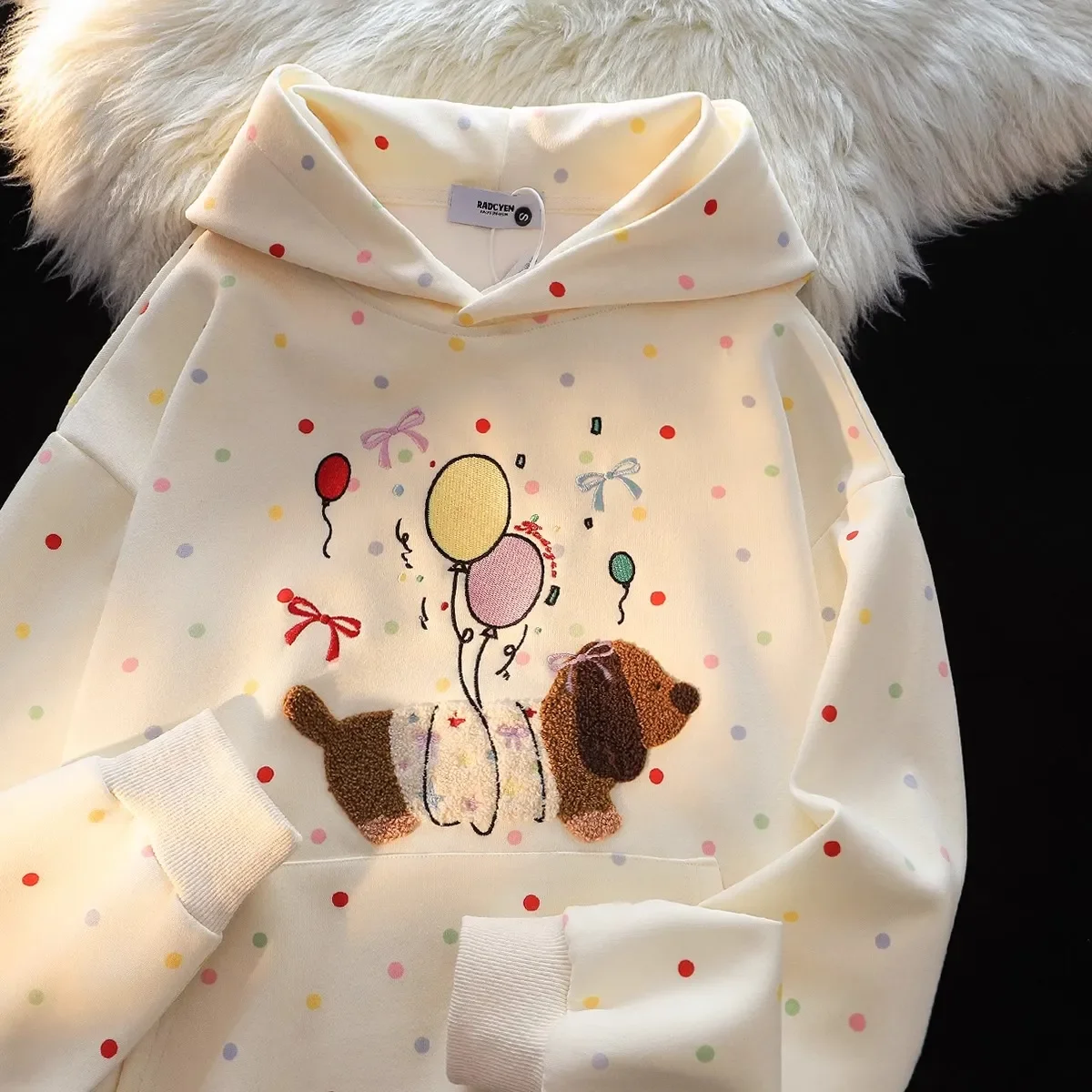 

LAPAY-P cute puppy hooded sweatshirt spring and autumn new style lazy versatile chic loose couple coat patch Harajuku retro y2k