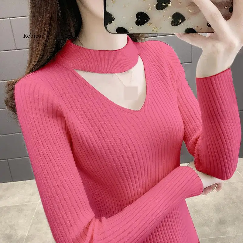 

Knitwear v-neck spring and autumn new slim knitted bottoming shirt ladies 2022 sweater turtle neck women vintage