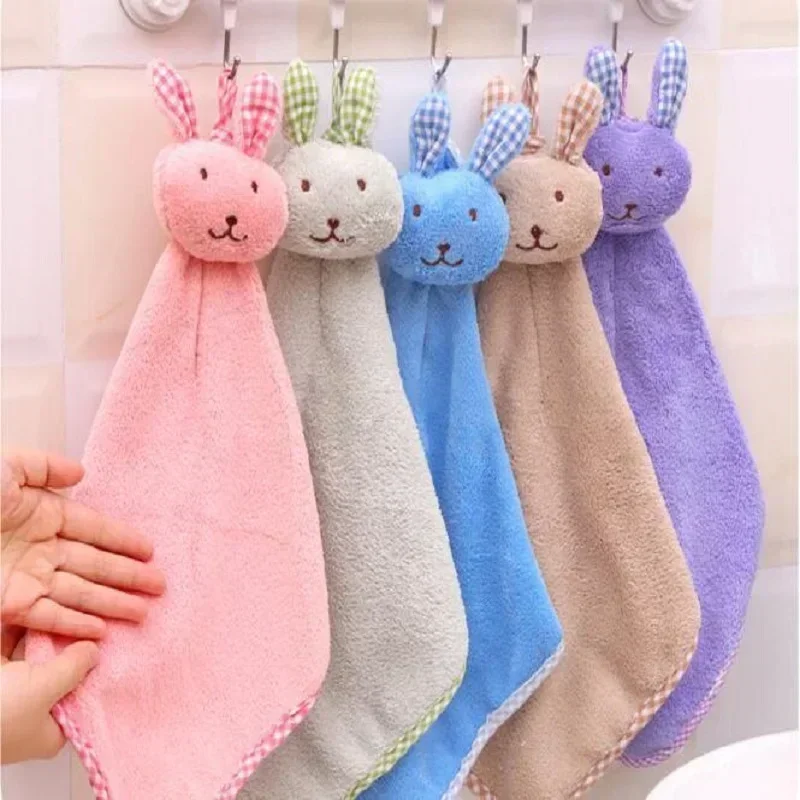 Cartoon Cute Bunny Hand Towel Coral Fleece Absorbent Hand Towel Kitchen Hangable Rabbit Head Cleaning Towel Rag  Baby Stuff