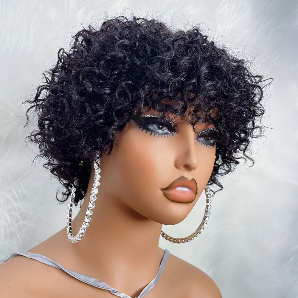 Pixie Cut Human Hair Wigs For Black Women Afro Rose Curly Funmi Glueless Wigs with Bangs Short Bouncy Curly Bob Wig With Bangs