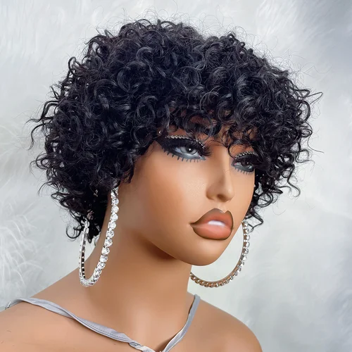 Pelucas de cabello humano de corte Pixie para mujeres negras Afro Rose rizado Funmi pelucas sin pegamento con flequillo peluca corta rizada hinchable Bob con flequillo