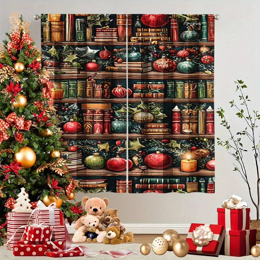 2PCS Christmas Winter Curtains, Vintage Bookshelf Ball Candle Pine Winter, Digital Print, Bedroom Living Room, Home Decor