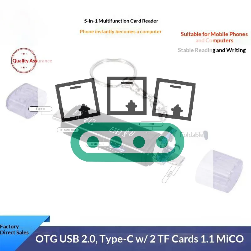 5 In 1 Multifunctional OTG Card Reader With Keychain Type C USB Micro TF Slots Stable Read Write For Phones Laptops