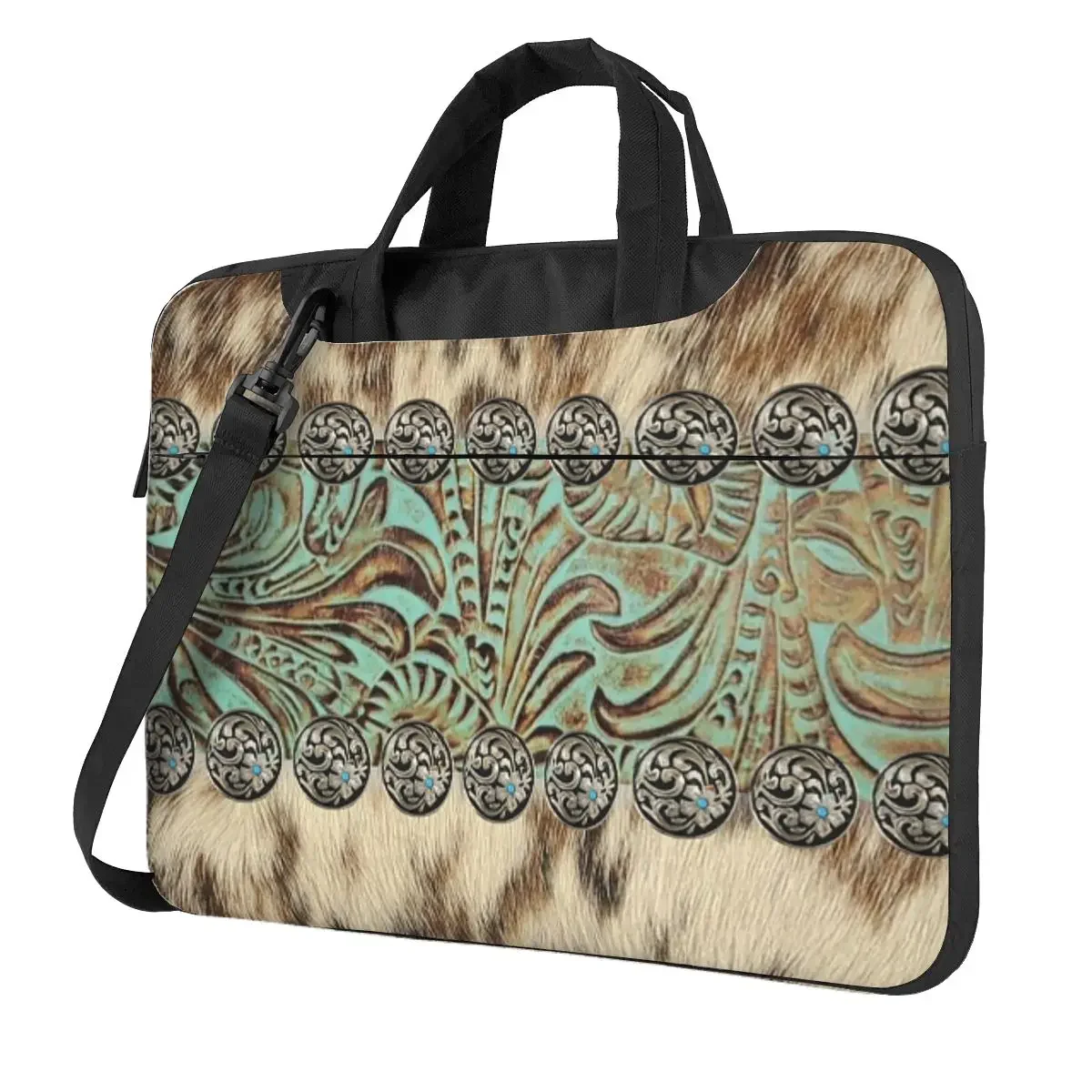 Rustic Brown Beige Teal Western Country Cowboy Fashion Crossbody Laptop Bag Case Computer Bag 13 14 15.6 Inch Notebook Pouch