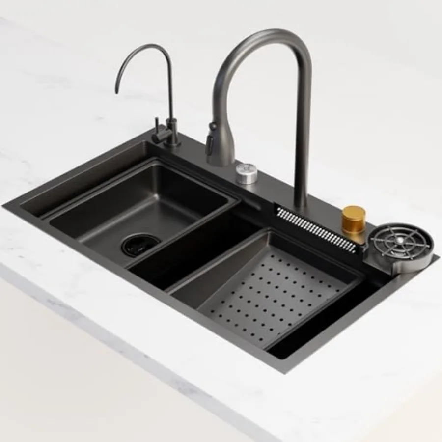 

Stainless Steel Single Bowl Drop-In Kitchen Sink with Waterfall Faucet, Pull-Down Sprayer and Built-in Workstation