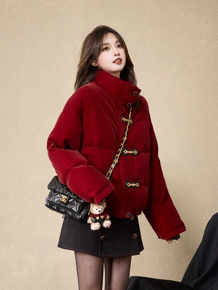 

Двусторонняя куртка TUNT с наполнителем из 90% белого пуха, китайский стиль, красная/черная, новогодняя верхняя одежда для женщин, теплая, из полиэфирного волокна