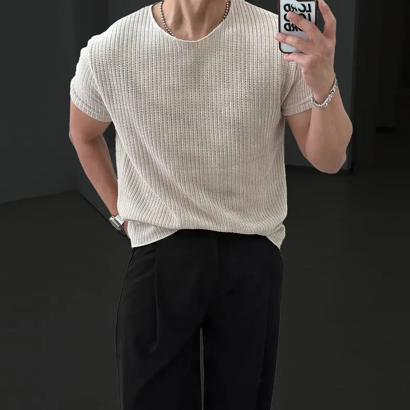 Breathable Knitted Short-sleeved T-shirt Men's 2026 Summer Thin Round Neck Loose Casual