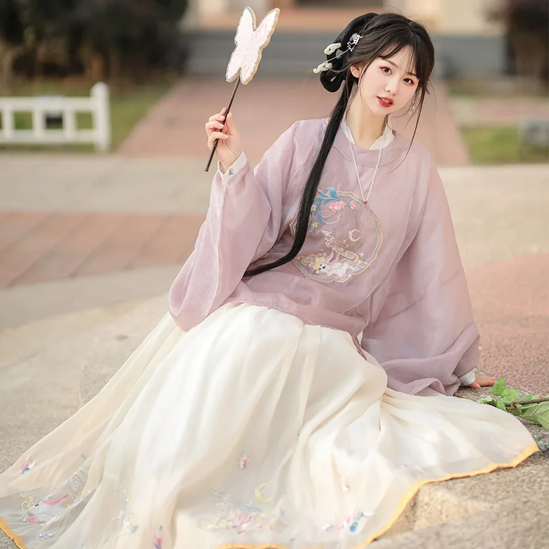 Hanfu women original authentic Chinese style Ming embroidery round neck robe pleated skirt ancient costume fairy and elegant