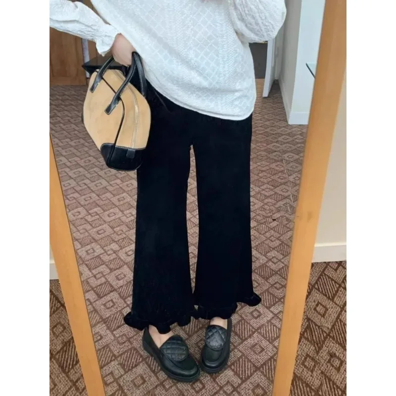 

QWEEK Black Vintage Suede Pants for Women Fleece Old Money Korean Fashion Loose Casual Straight Trousers High Waist Winter New