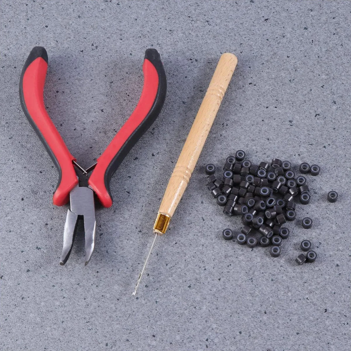 

1Kit Hair Extensions Tool Kit : I-Tip Hair Pliers 100 Pieces Micro Silicone Hair Beads/Rings Pulling loop Threader Hook Needle