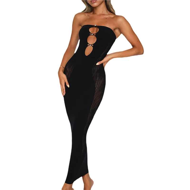 Women Hollow Out Long Dress Bodycon Backless Maxi Dress Cutout Sleeveless Spaghetti Straps Cocktail Party Dresses