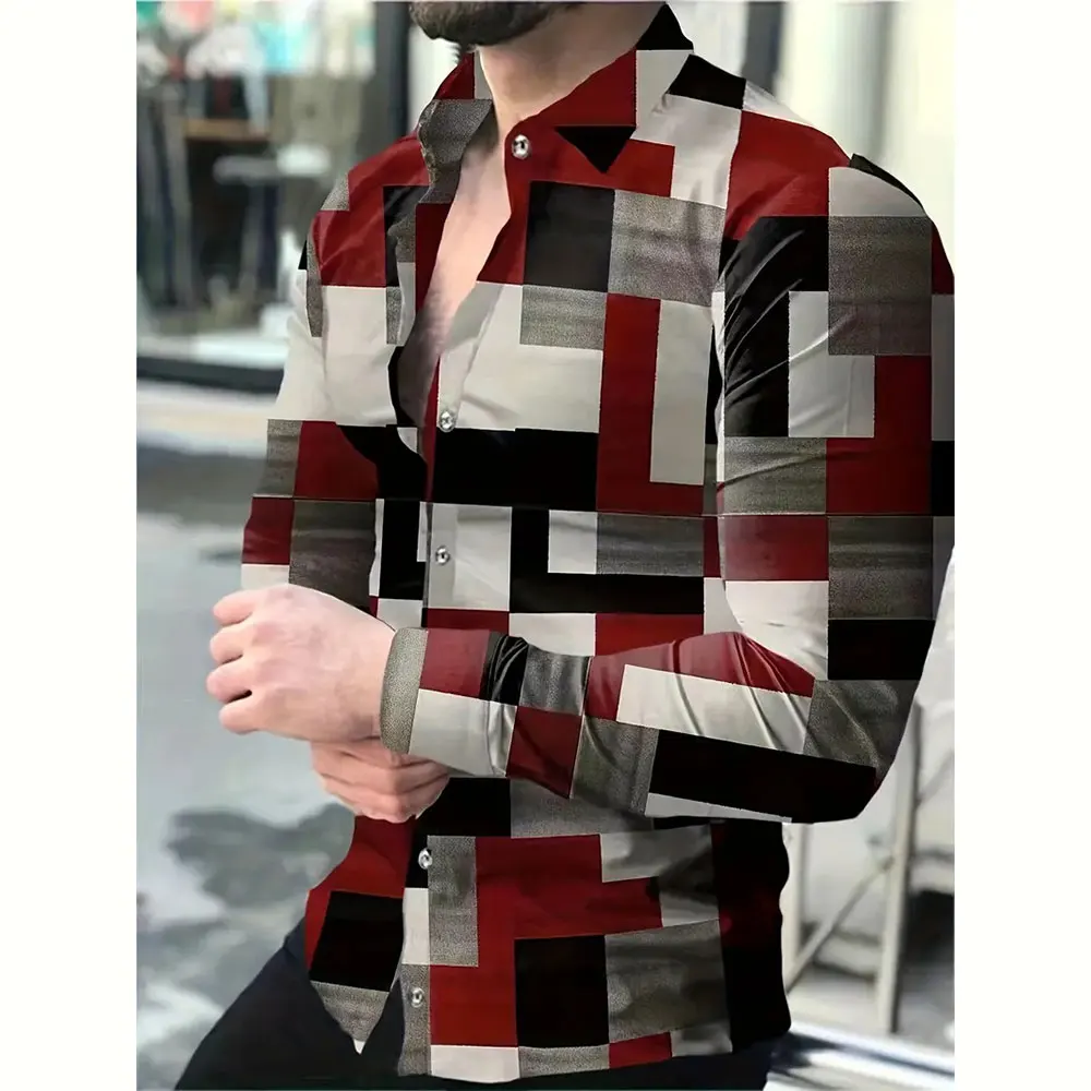 

Vintage 3D Color Block Printed Shirt Men Plus-size Baggy Lapel Button Up Top Men Outdoor Casual Comfortable Long Sleeve Shirt