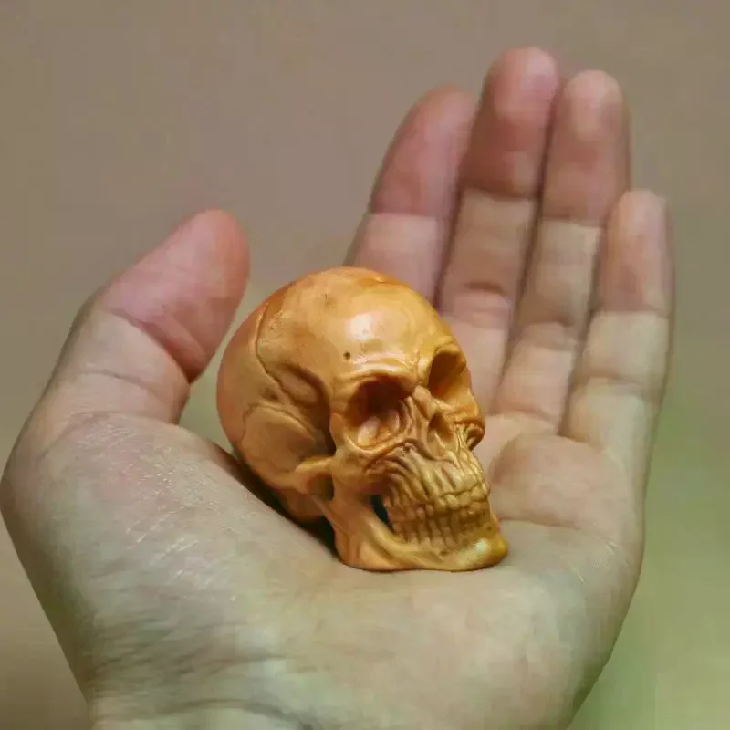 Natural Cypress Engrave Skull Decor Small Statue - Halloween Decoration Party Decoration Props Home Room, Car Bar Decoration