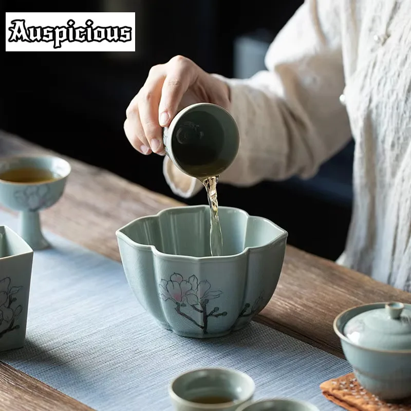 460ml Borneol Glaze Ceramics Tea Washing Basin Pure Hand-painted Magnolia Art Chinese Jianshui Household Kung Fu Tea Utensils