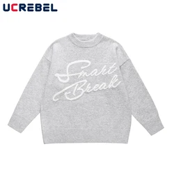 Letter Embroidery Crew Neck Sweater Menns Streetwear Loose Long Sleeve Knitted Pullover Men Autumn